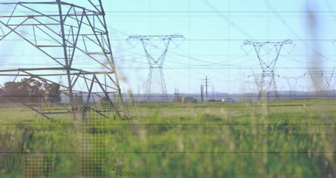 Electricity Pylons with Digital Data Overlay in Green Field