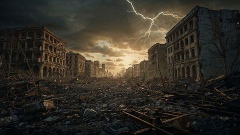 Apocalyptic Urban Ruins with Stormy Skies Over War-Torn Cityscape