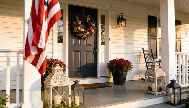 Sunlit front porch with dark gray door, autumn wreath, lanterns and american flag