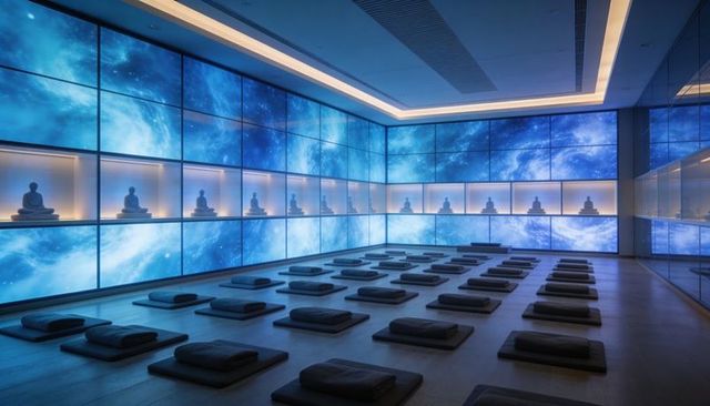 Meditation hall glowing with blue led galaxy wall and minimalist cushion rows for wellness retreat