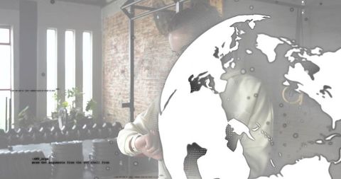 Woman adjusting smartwatch in industrial gym loft with global data overlay and copy space