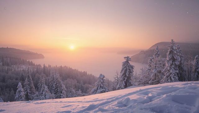 Sunrise Lighting Snow-Covered Slope and Conifer Forest Over Misty Coastal Fjord Panorama