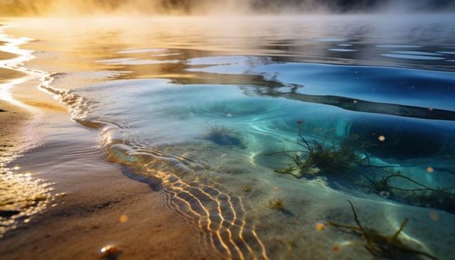 Turquoise tidal pool at sunrise revealing sandy shore, seaweed and misty dawn light