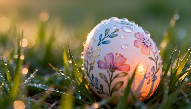 Glistening hand-painted floral egg resting in dewy grass at sunrise with warm bokeh