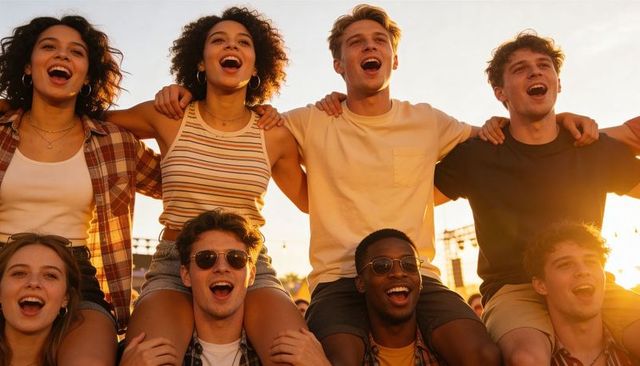 Singing friends cheering on shoulders under golden sunset at music festival