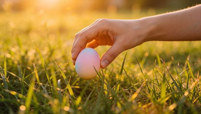 Hand holding pastel easter egg over sunlit grass at golden hour