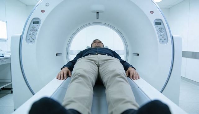Male patient entering ct scanner in modern radiology suite for diagnostic imaging