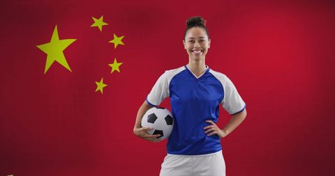 Biracial Female Soccer Player Poses Against China Flag