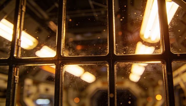 Industrial metal window grid reflecting warm tubular lights with dust, scratches and bokeh