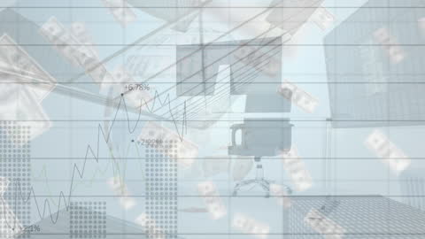 Abstract Financial Data Overlaid on Cityscape and Office