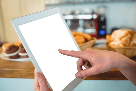 Transparent placeholder display tablet interaction in bakery