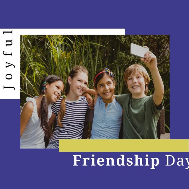 Joyful friendship day text over group of diverse kids taking a selfie in the garden. friendship day celebration and awareness concept