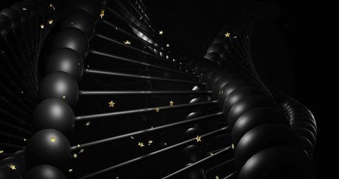 Futuristic black dna double helix with glossy spheres, metallic rods and floating gold stars