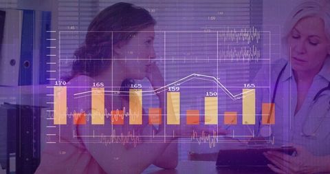 Healthcare professional consulting patient with data analysis overlay