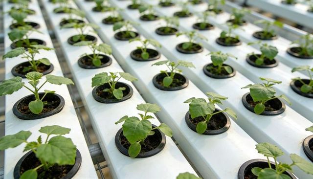 Hydroponic seedlings growing in white channels for scalable greenhouse and vertical farming