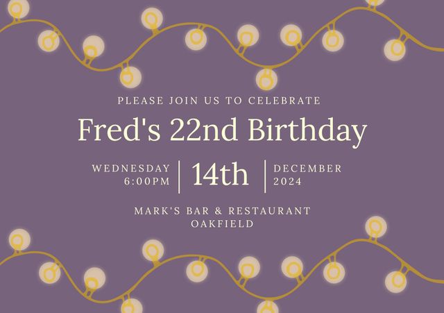Elegant 22nd birthday invitation features festive string lights, creating a celebratory atmosphere. Ideal for personalizing and sending to friends and family for a special birthday gathering at a bar or restaurant. Suitable for digital or printed invitations.