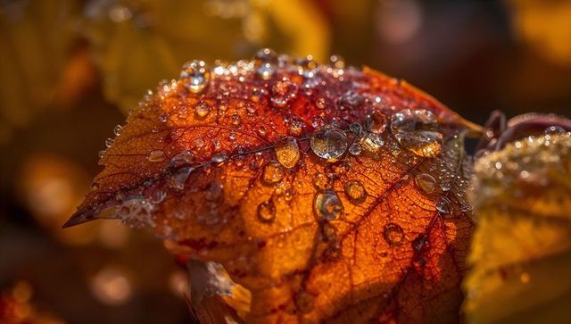 Closeup autumn leaf covered in dew droplets showing macro veins warm golden bokeh colors