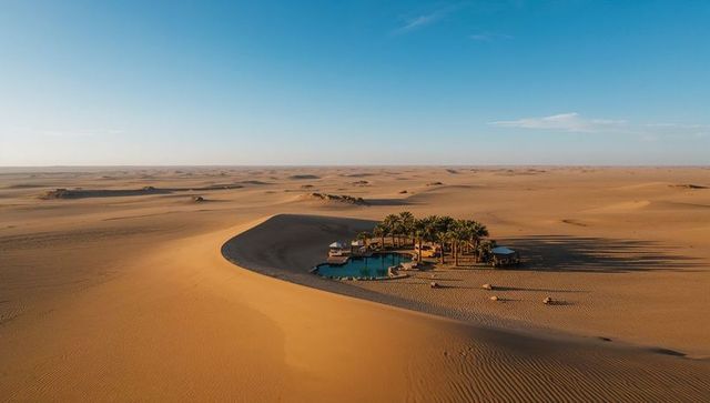 Secluded Crescent Oasis Among Golden Sand Dunes with Palm Grove and Turquoise Pool