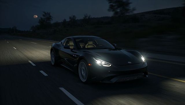 Midnight gloss sports coupe gliding on highway with led headlights and leather interior