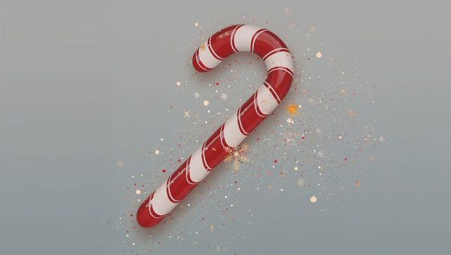 Glossy red white candy cane with sparkling gold confetti and snowflakes on soft gray