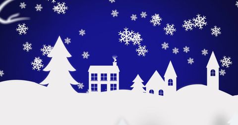 Winter Wonderland with Snowflakes and Village Silhouettes