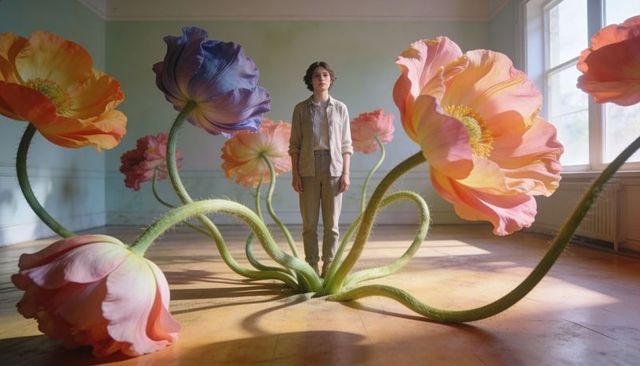 Teen standing among giant pastel poppy blooms in sunlit empty room soft portrait