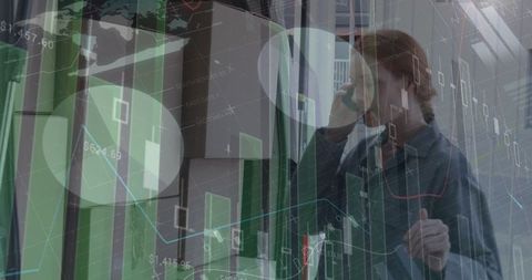 Courier using smartphone overlaid with financial data charts