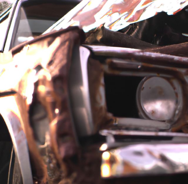 Close up of junk car created using generative ai technology. Transport, travel and material concept, digitally generated video.