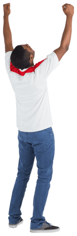 Ecstatic Football Fan Celebrating Victory with Raised Arms Transparent