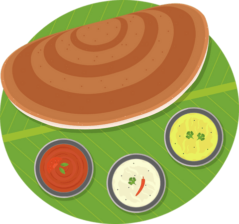 Delicious indian dosa on banana leaf with chutneys, transparent background