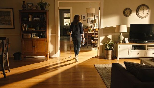 Woman walking with cane carrying water bottle through sunlit cozy living room toward table