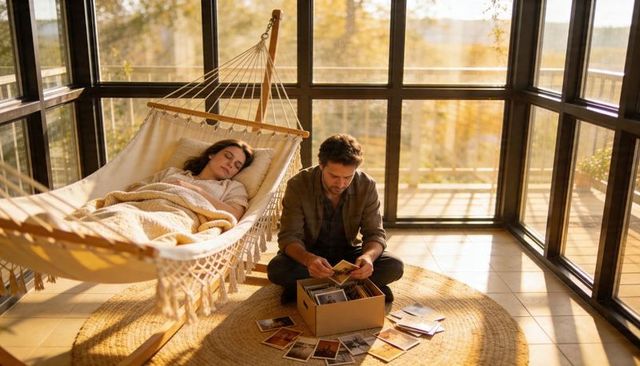 Sunroom couple curating memories: woman resting in hammock while man sorting printed snapshots