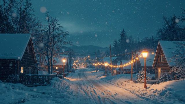 Winter village street lit by dusk lamp posts and festive string lights