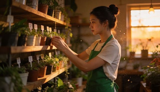 Young woman tending potted plants on numbered shelves in sunlit plant shop, warm golden light