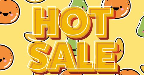 Hot Sale Banner with Smiling Fruits on Yellow Background