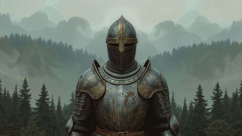 Medieval Knight in Etched Armor in Misty Forest