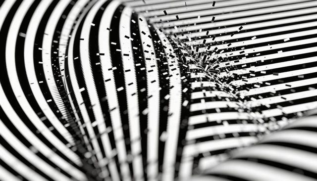 Rippling black-and-white striped wave scattering rectangular particles, abstract geometric motion