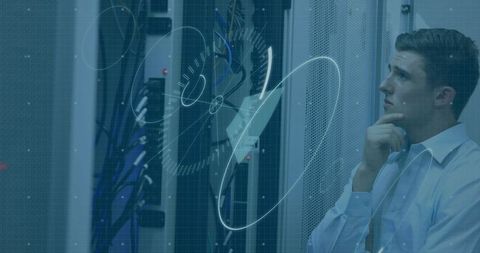 Cybersecurity Technician Analyzing Server Racks with Futuristic Interface