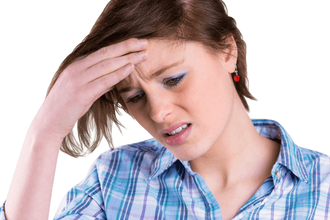 Troubled young woman holding head transparent background