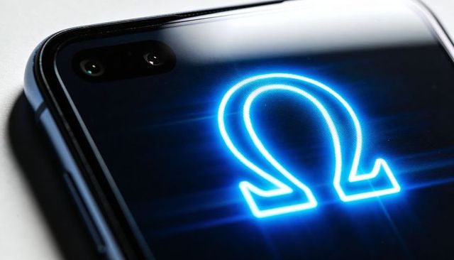 Neon omega glyph on glossy smartphone display featuring dual cameras and metallic bezel