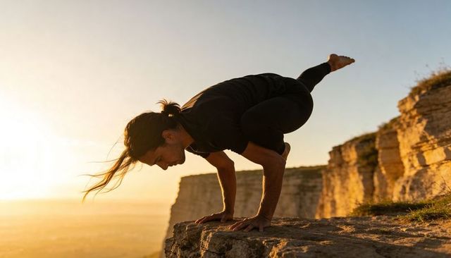 Cliffside sunset yoga one-legged arm-balance performing on rocky ledge