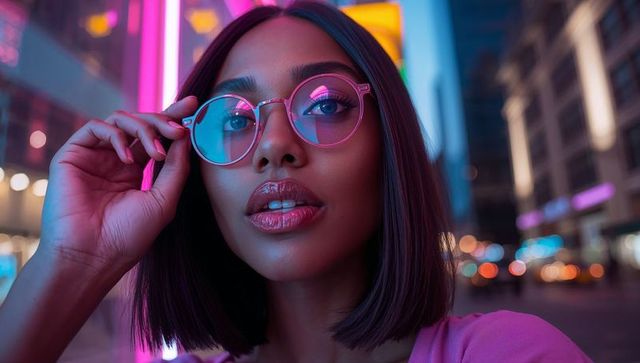 Neon-lit portrait of woman wearing pink glasses holding frame and looking up on urban night street