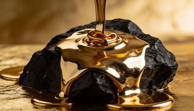 Molten Gold Pouring Over Black Basalt Rock Macro Closeup Metallic Liquid Texture Glossy