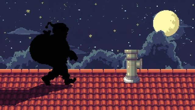 Pixel art rooftop thief silhouette walking with sack under full moon on starry night