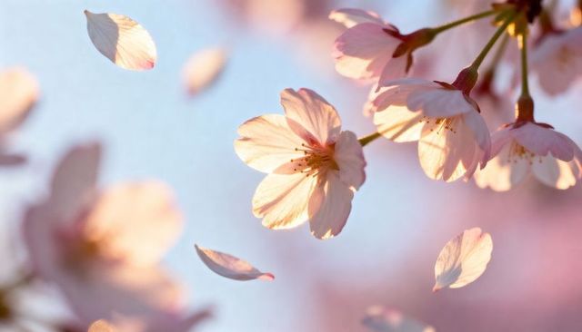 Cherry Blossom Sakura Close-Up Blooming at Golden Hour with Falling Petals and Bokeh