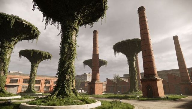 Overgrown industrial courtyard with towering mushroom planters and brick chimneys