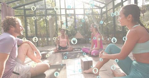 Sunlit Greenhouse Yoga Circle Practicing Mindfulness with Augmented Reality Wellness Overlay