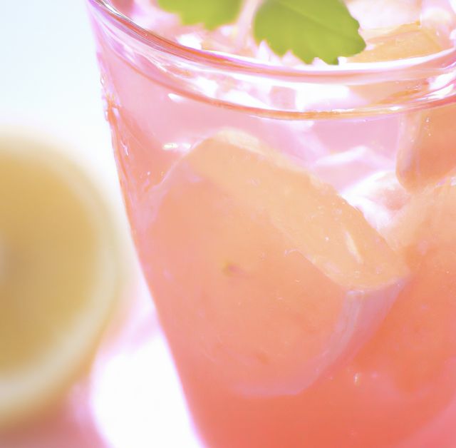 Close-up of a glass filled with pink lemonade and ice cubes. Perfect for use in advertisements for refreshing beverages, summer-themed promotions, or social media posts about cooling off in hot weather.