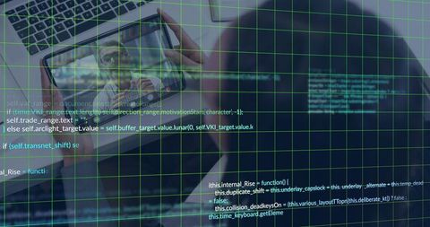 Woman holding tablet showing man in sunglasses, green code grid overlay, cybersecurity