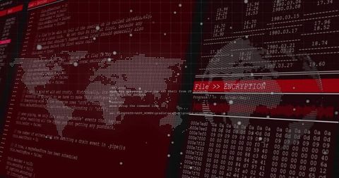 Global encryption dashboard featuring dotted world map, hex dump and cybersecurity ui